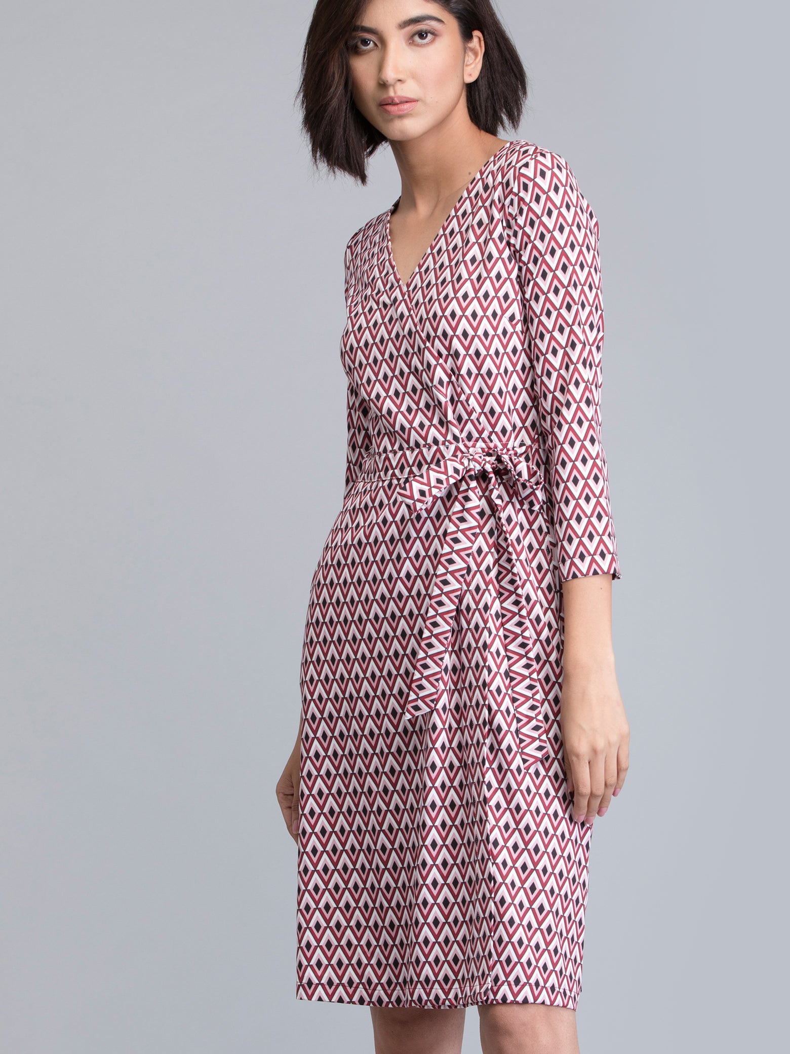 Buy Red V Neck Geometric Print Wrap Dress Online | FableStreet